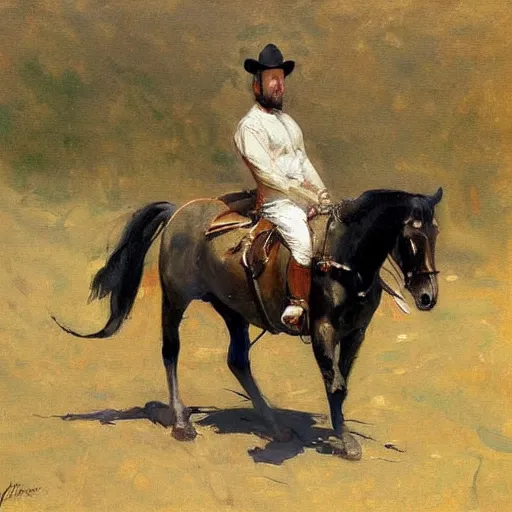 Prompt: painting joe rogan riding a horse, John Singer Sargent style