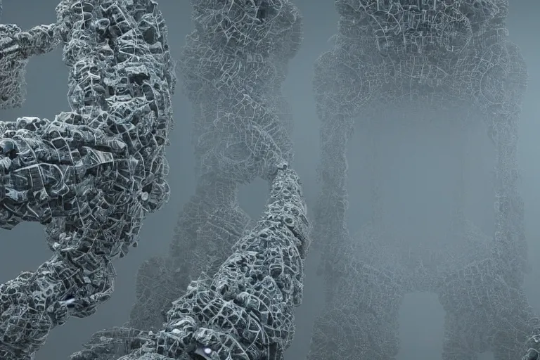 Image similar to a complex organic fractal 3 d ceramic humanoid megastructure, cinematic shot, foggy, photo still from movie by denis villeneuve