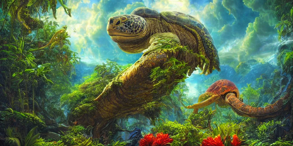 Prompt: fantasy oil painting, great leviathan, turtle cephalopod terrapin reptilian pachyderm amphibian hybrid, rainforest mountains, lush plants flowers, epic natural light, bright clouds, luminous sky, spacecraft, outer worlds, bright cinematic key lighting, michael cheval, michael whelan, vray, 8 k hd