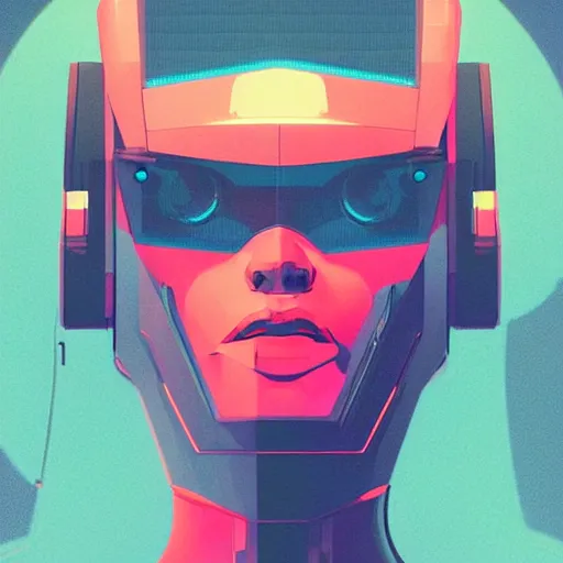 Image similar to a graph - style a huge robot head in front of her, cyberpunk art by by james gilleard, cgsociety, retrofuturism, synthwave, retrowave, outrun