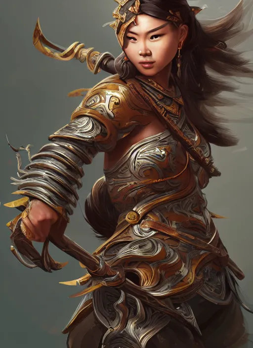 Image similar to a highly detailed illustration of fierce mongol warrior woman with bow, heroic shooting bow pose, perfect hyperdetailed face, intricate, elegant, highly detailed, centered, digital painting, artstation, concept art, smooth, sharp focus, league of legends concept art, wlop.