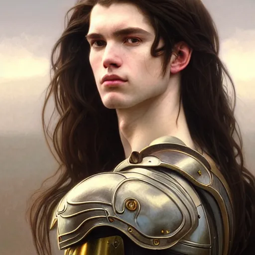 Image similar to portrait painting of a pale serious young man with a soft face and medium brown hair wearing armor, ultra realistic, concept art, intricate details, eerie, highly detailed, pursed lips, melancholy expression, photorealistic, octane render, 8 k, unreal engine. art by artgerm and greg rutkowski and charlie bowater and magali villeneuve and alphonse mucha