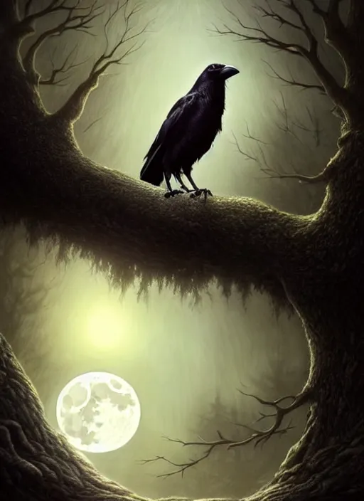 Image similar to side portrait dark crow on tree in front of the full big moon, fine art, awesome fantasy book cover on Pinterest, award winning, fantasy forest landscape, fantasy magic, dark golden light night, intricate, elegant, sharp focus, illustration, highly detailed, digital painting, concept art, matte, art by WLOP and Artgerm and Greg Rutkowski, masterpiece, trending on artstation