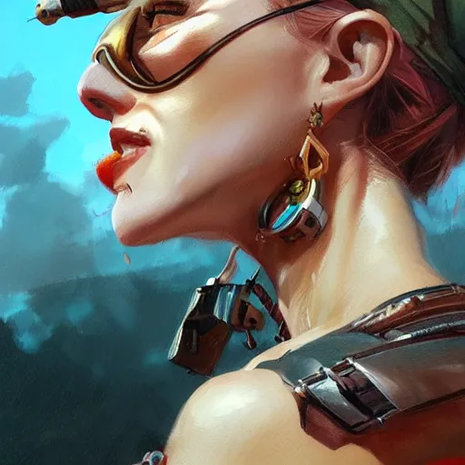 Prompt: tank girl, fantasy, portrait, highly detailed, waist up, low camera angle, digital painting, trending on artstation, concept art, sharp focus, illustration, art by artgerm and greg rutkowski and magali villeneuve