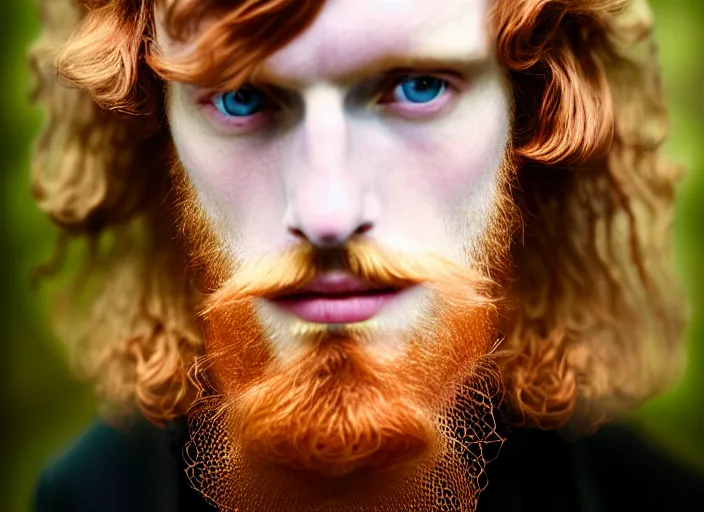 Image similar to portrait photography of a beautiful man how pre-Raphaelites beauty type in style of Nicolas False, britt marling style 3/4 , he has a short beard, his ginger hair is intricate, beautiful ethereal lace white robes, 8K, soft light, volumetric lighting, highly detailed Realistic, Refined, Highly Detailed, natural outdoor soft pastel lighting colors scheme, outdoor fine art photography