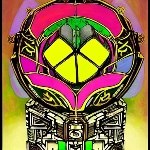 Prompt: beautiful painting of companion cube, art nouveau. gaudy colors. intricate linework. sharp edges.