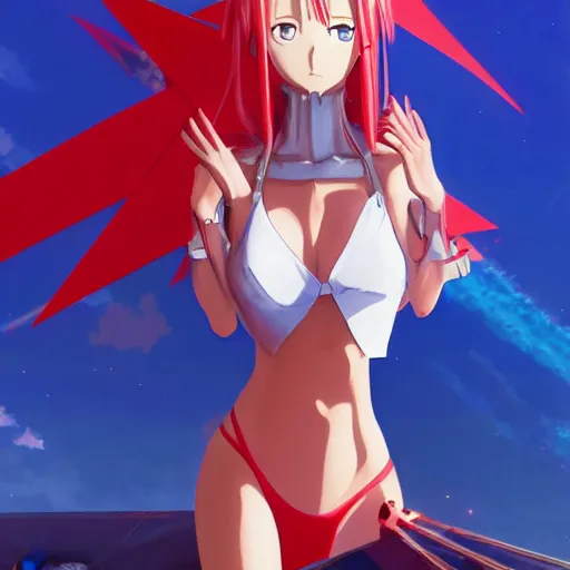 Image similar to anime portrait of Zero Two in bikini as a Evangelion pilot using dark force to eliminate trump as an anime antagonist by Stanley Artgerm Lau, WLOP, Rossdraws, James Jean, Andrei Riabovitchev, Marc Simonetti, and Sakimichan, trending on artstation