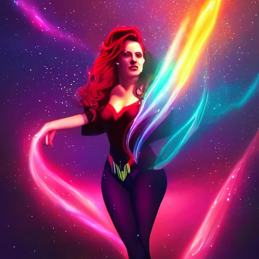 Prompt: a beautiful Scarlett witch, floating in space, neon, stars, galaxy, HDR, dreamscape, dramatic lighting, fantasy art illustration, trending on artstation, Aetherpunk