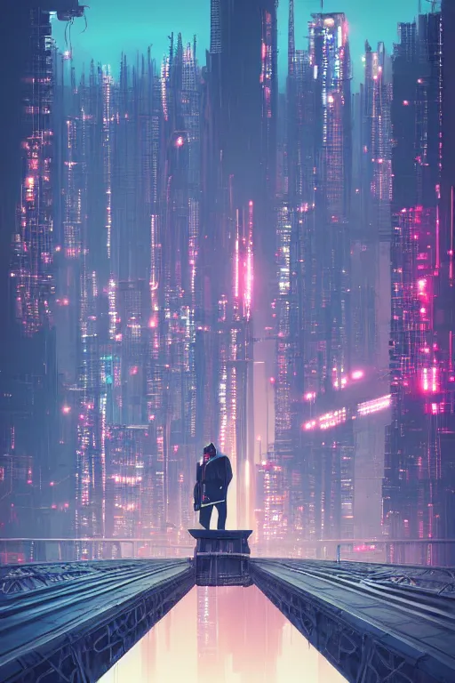 Image similar to a man standing on top of a bridge over a city, cyberpunk art by vincent lefevre, behance contest winner, altermodern, cityscape, synthwave, matte painting