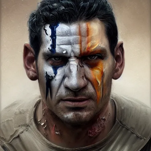 Image similar to sad portrait of frank castle the punisher, bruised, face paint, intricate, elegant, highly detailed, centered, grungy, digital painting, artstation, concept art, smooth, sharp focus, illustration, artgerm, tomasz alen kopera, artstation, boris vallejo