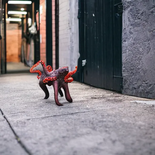 Image similar to fully clothed octopus dog walking down an alley