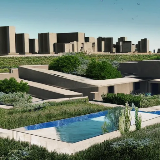 Image similar to architectural rendering of brutalism habitat 6 7 in the desert, biophilia style, pool, garden