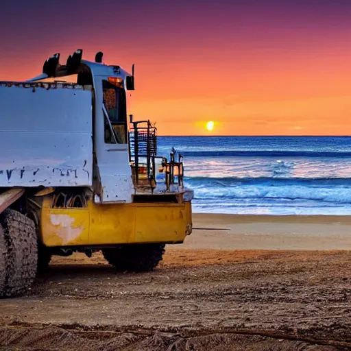 Prompt: a mining dump truck chilling on the beach, sunset