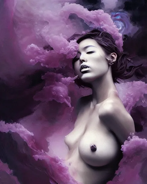 Prompt: oceanic goddess in a vortex of liquid smoke, black mauve smoke painting by wlop