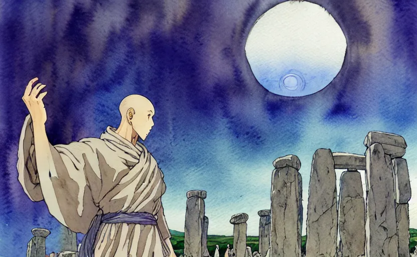 Image similar to an anime watercolor fantasy concept art of giant monk with a big forehead in grey robes swaying in stonehenge. several immense stones are floating in the air. in the background a large ufo is in the sky. by rebecca guay, michael kaluta, charles vess