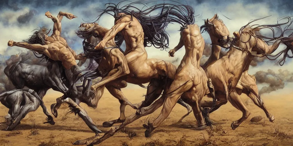 Prompt: centaurs fighting by gerald brom, hyper realistic