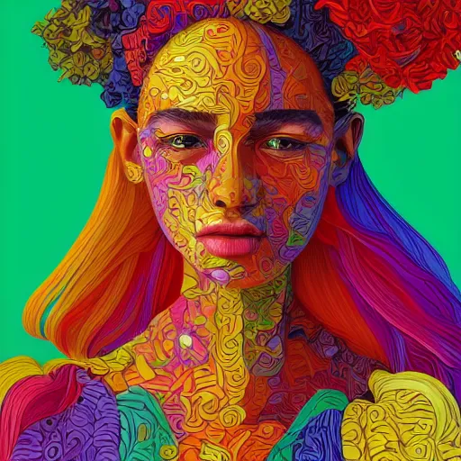 Image similar to the portrait of a beautiful young woman partially made up of peppers of all colors, an ultrafine detailed illustration by james jean, intricate linework, bright colors, final fantasy, behance contest winner, vanitas, angular, altermodern, unreal engine 5 highly rendered, global illumination, radiant light, detailed and intricate environment