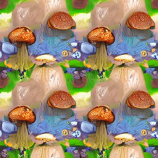 Image similar to macro photo with a mushroom characters and mycelium, very close to real nature, natural colors and natural surroundings, painted patterns and coloring on mushrooms, seamless fabric pattern 8K, highly detailed, cartoon