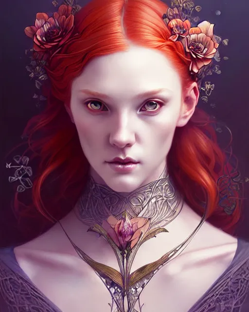 Image similar to Beautiful, evil and playful ethereal ginger portrait, art nouveau, fantasy, intricate flower designs, elegant, highly detailed, sharp focus, art by Artgerm and Greg Rutkowski and WLOP