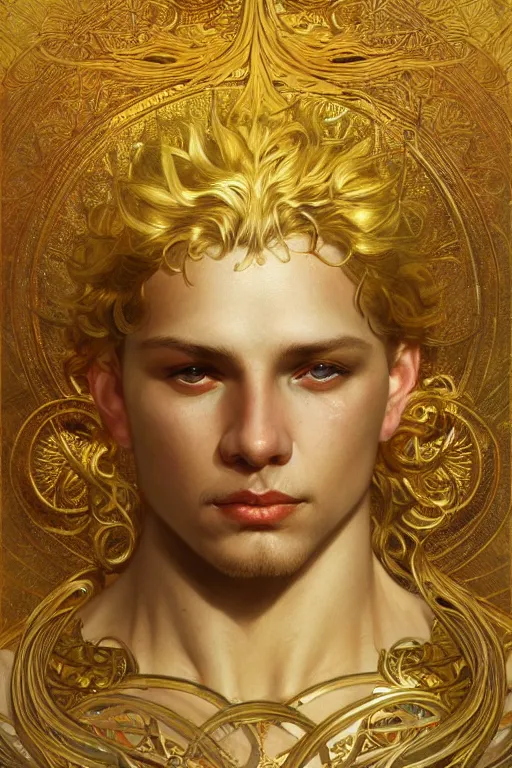 Image similar to young male god of sun, gold hair, gold eyes, tanned skin, fantasy, intricate, highly detailed, digital painting, artstation, concept art, smooth, sharp focus, art by art by Artem Demura and Alphonse Mucha, ArtGerm, valentina remenar, ruan jia