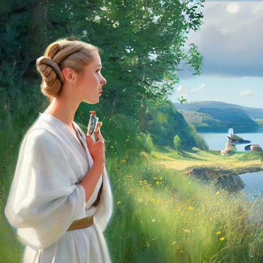 Image similar to blonde Princess Leia, Swedish countryside, landscape view, archipelago, painting by Vladimir Volegov, wlop, artstation