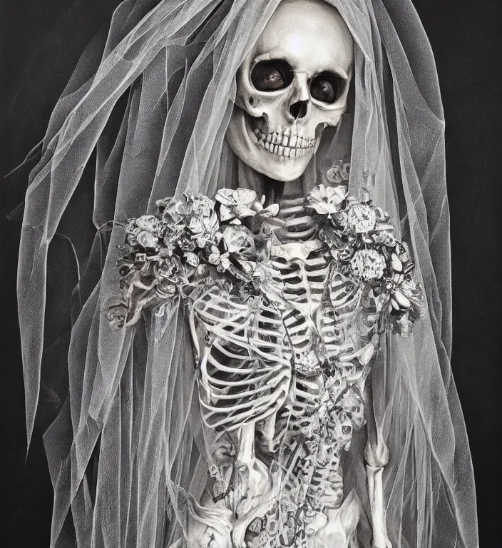 Image similar to portrait of a Bride's skeleton in veil with floral pattern by Laurie Lipton, high detailed, realistic,dark surrealism, hyper detailed, super intricate ornaments