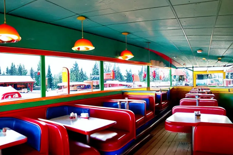 Prompt: 1 9 7 5 googie oregon mt. hood themed classic american diner, people sitting at tables, googie architecture, one point perspective, americana, restaurant interior photography, hd 4 k, taken by alex webb