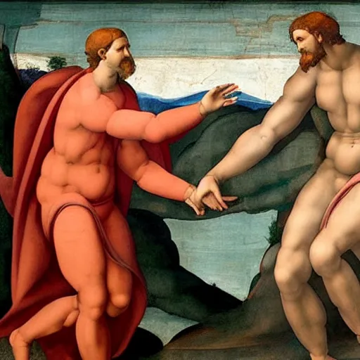 Prompt: humanity and ai touching hand, the creation of Adam, Fresco painting by michelangelo style