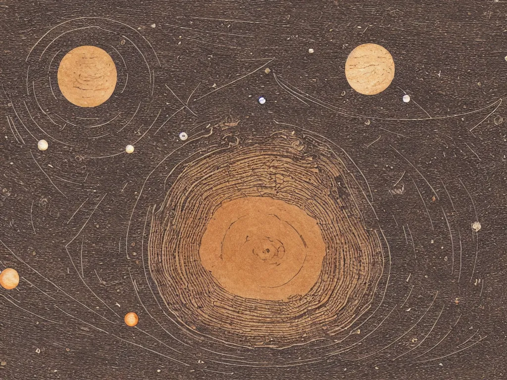 Image similar to wood engraving of a solar system diagram burned into a slice of log, on a white background