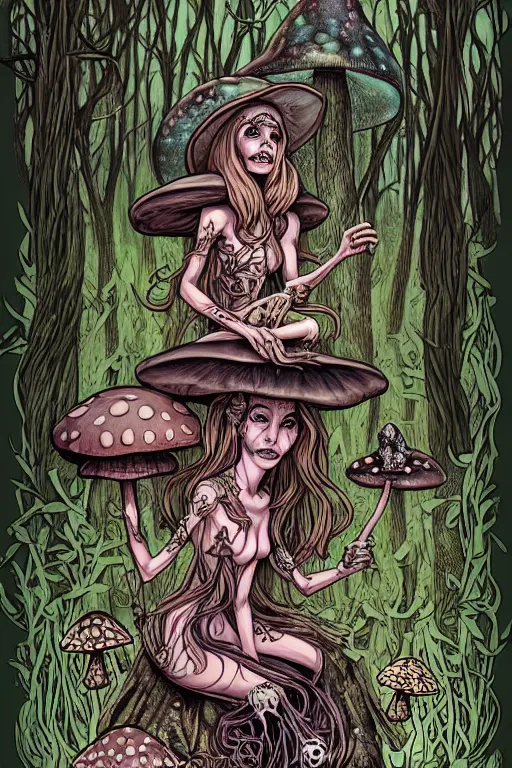 Image similar to a beautiful witch sitting on a toadstool in a forest, skulls and mushrooms, fantasy graphic novel style, by wendy pini, intricate, very fine inking lines, extremely detailed, 4k, hd