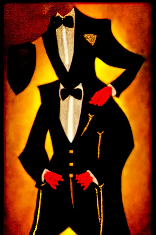 Image similar to black leather and embroidered Lolita dapper bespoke avant-garde tuxedo in velvet, black and gold rich color, dramatic cinematic lighting, featured on Artstation, extremely detailed by Lisa Frank