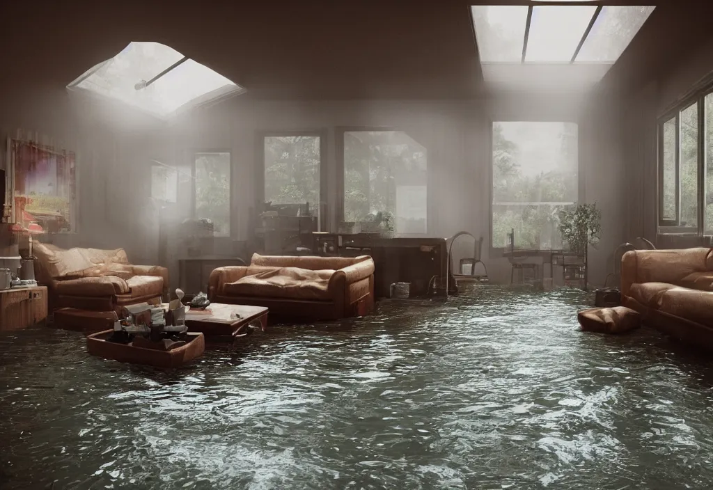 Image similar to kodak portra 4 0 0 photographic and realistic, 7 0 s living room, detailed, octane render, unreal engine, 4 k, artstation, hyper realistic, wide angle, floor flooded, how a river, objects that float, 3 5 mm, sharp focus, soft light, volumetric light fog, in the style of gregory crewdson