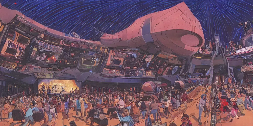 Prompt: choose your own adventure style cinema, multiple screens, astonishingly large cinema hall, detailed concept art, kids flying through the cinema, holodeck futuristic entertainment, theatre by moebius, amphitheatre crowd, incredible masterpiece