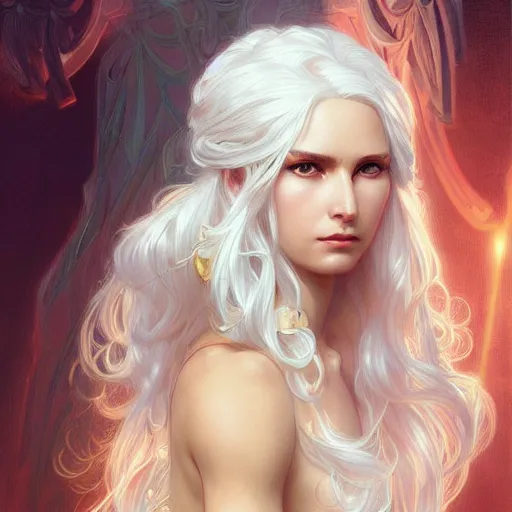 Image similar to god and goddess, white hair, long hair, gorgeous, amazing, elegant, intricate, highly detailed, digital painting, artstation, concept art, sharp focus, illustration, art by artgerm and greg rutkowski and alphonse mucha