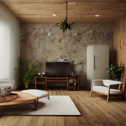 Prompt: living room concept render, octane render, inspired by nature, wood, plants, well illuminated, cozy