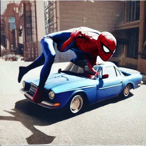 Image similar to Spiderman lift up a car, realistic photo