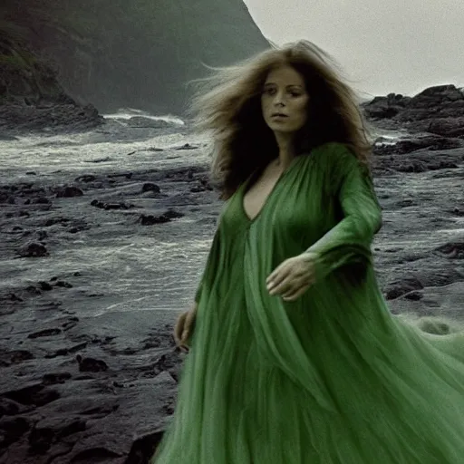 Prompt: dark and moody 1 9 7 0's artistic spaghetti western film in color, a woman in a giant billowy wide long flowing waving green dress, standing inside a green mossy irish rocky scenic landscape, crashing waves and sea foam, volumetric lighting, backlit, moody, atmospheric, fog, extremely windy, soft focus