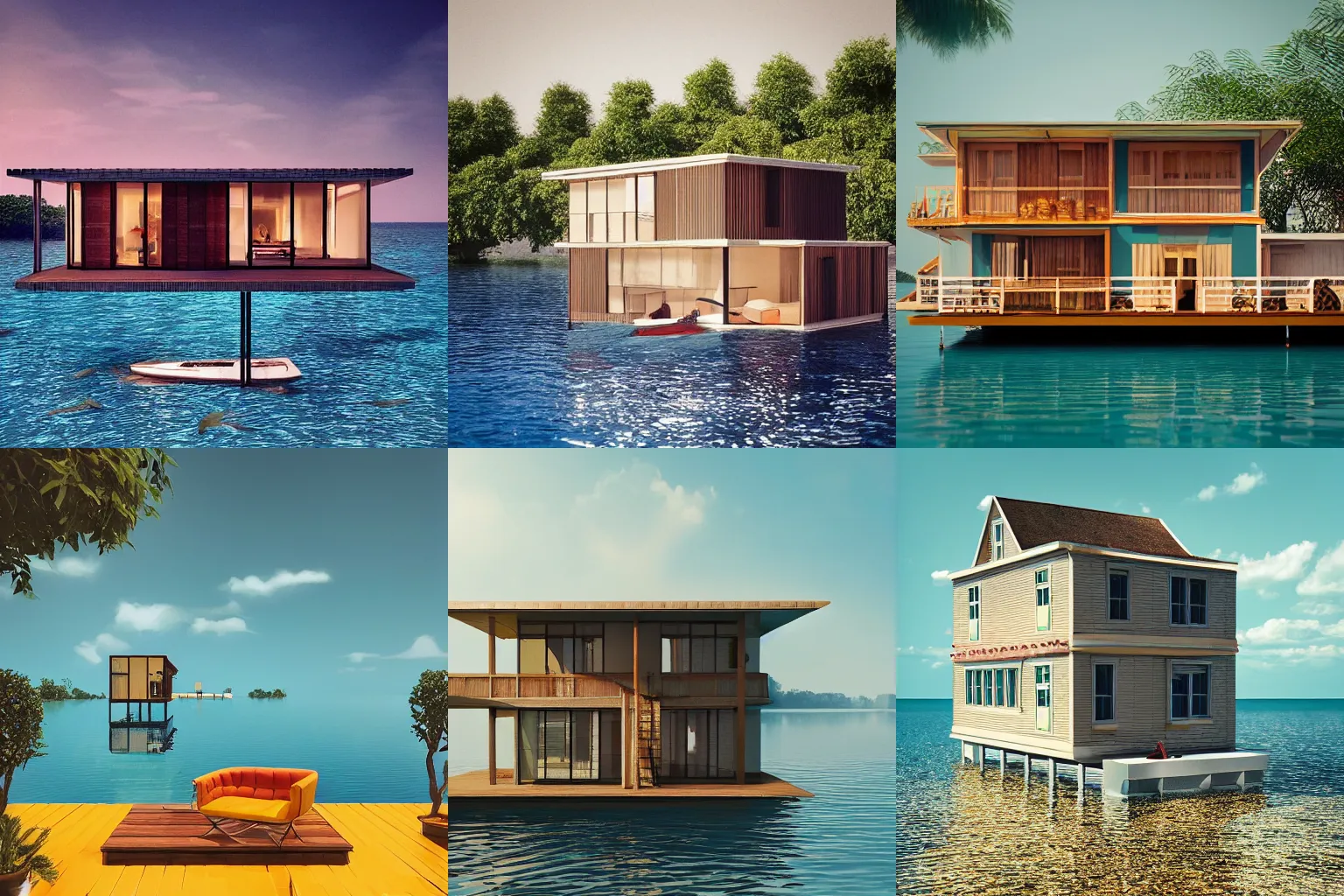 Prompt: “house floating on water, designed by wes anderson, realistic render, octane render, 8k, cinematic”