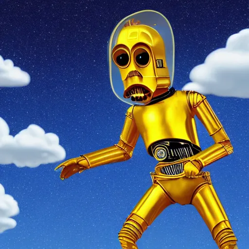 Image similar to full body portrait of Simpson as C3PO in star wars, background blue sky puffy clouds cinematic 4k