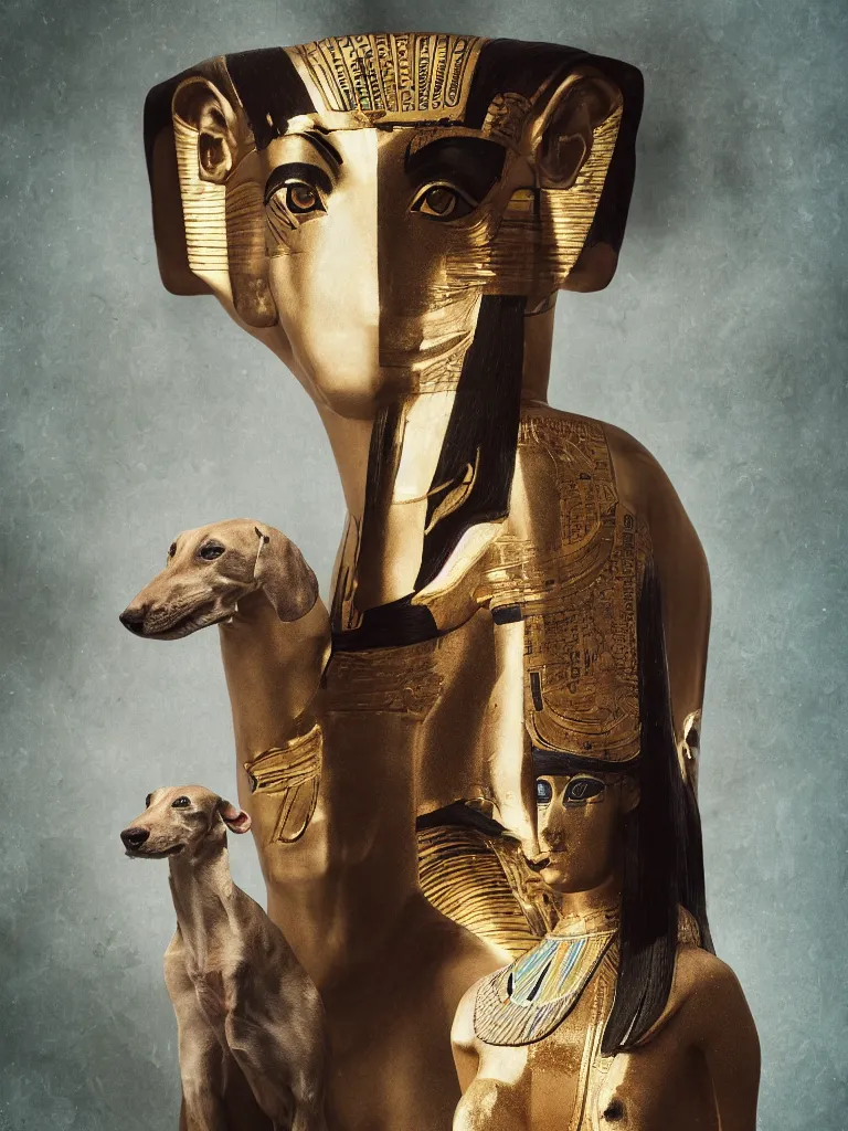 Image similar to photorealistic portrait of a beautiful female ancient Egyptian goddess with Anubis as a whippet, photography by Alessio Albi, 50mm f1.4, bokeh, kodak ektar, painted by Artgerm, rendered in octane