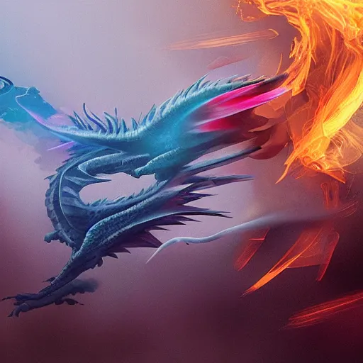 Prompt: muted colorful smoke reminiscent of racing dragons wings outstretched, smoke, parlor, cgsociety