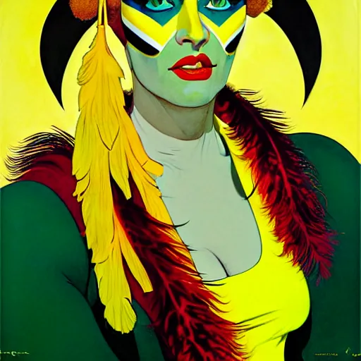 Image similar to art by joshua middleton, a medium shot portrait of the golden creeper, a tall manically smiling yellow - skinned woman with green and black striped cycling shorts and wearing a long red and black striped ostrich feather boa, yellow makeup, mucha, kandinsky, poster, art deco motifs, comic art, stylised design, scarlet feather boa