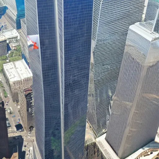 Image similar to Barney the Dinosaur flying a 777 right into one of the world trade center buildings