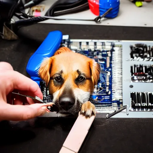 Image similar to detailed photo of a dog fixing an open CPU with tools in hands, dlsr photo