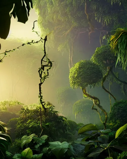 Image similar to beautiful jungle landscape, anonymous head, beautiful vines growing, in the style of beeple and mike winkelmann, intricate, epic lighting, cinematic composition, hyper realistic, 8 k resolution, unreal engine 5, raytracing, reflections, happy colors