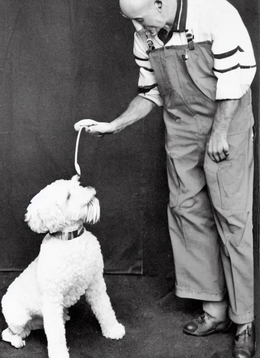 Image similar to a bald white man, slim, wearing plumber uniform, norman rockwell painting, holding a golden doodle puppy