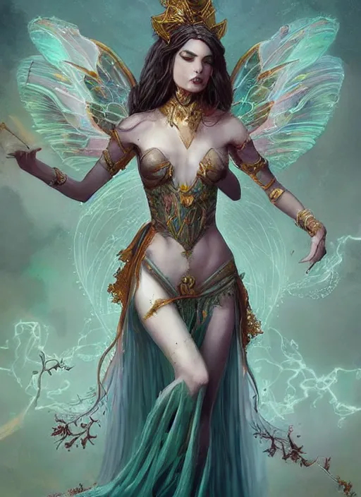 Image similar to tarot!!, fairy queen, fantasy medieval, no noise, elegant, concept art, sharp focus, beautiful face!!, digital art, smooth defined outlines!!, by Brom!!!!!, Guangjian Huang, trending on Artstation, Tom Bagshaw, Sargent