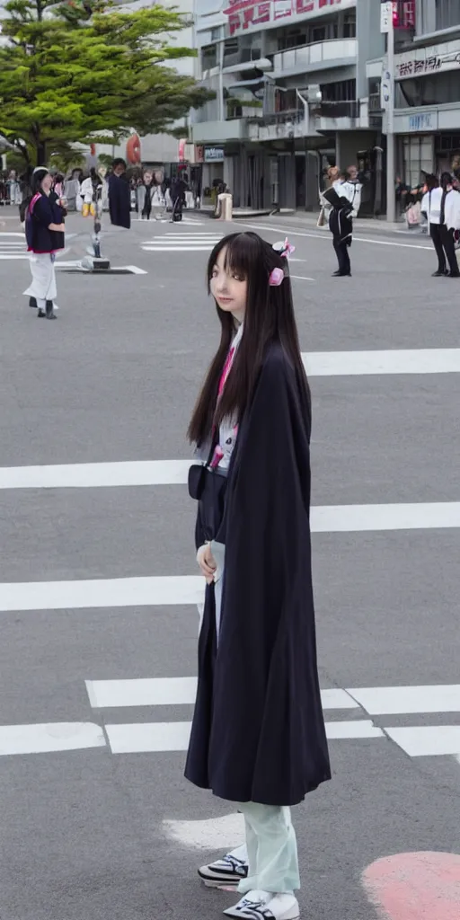 Prompt: a beautiful girl with long hair on japanese uniform high school waiting on a crosswalk daylight, 8 k