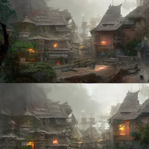 Image similar to the hidden rain village by renato muccillo, hubert robert, craig mullins, 8 k, hyper detailed.