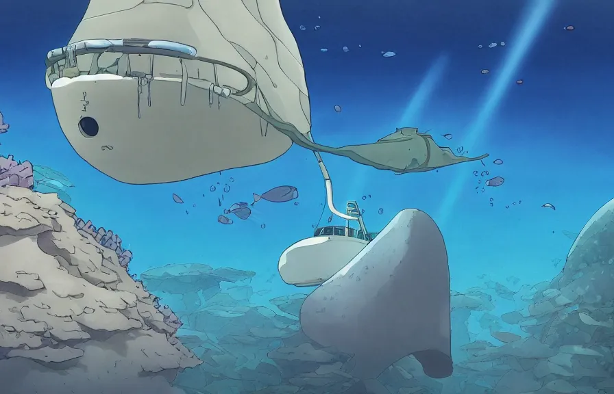 Image similar to a realistic studio ghibli cell - shaded cartoon showing an eel submarine swimming in front of a white pyramid underwater at the bottom of the sea. shafts of sunlight come from above. wide shot, very dull muted colors, hd, 4 k, hq